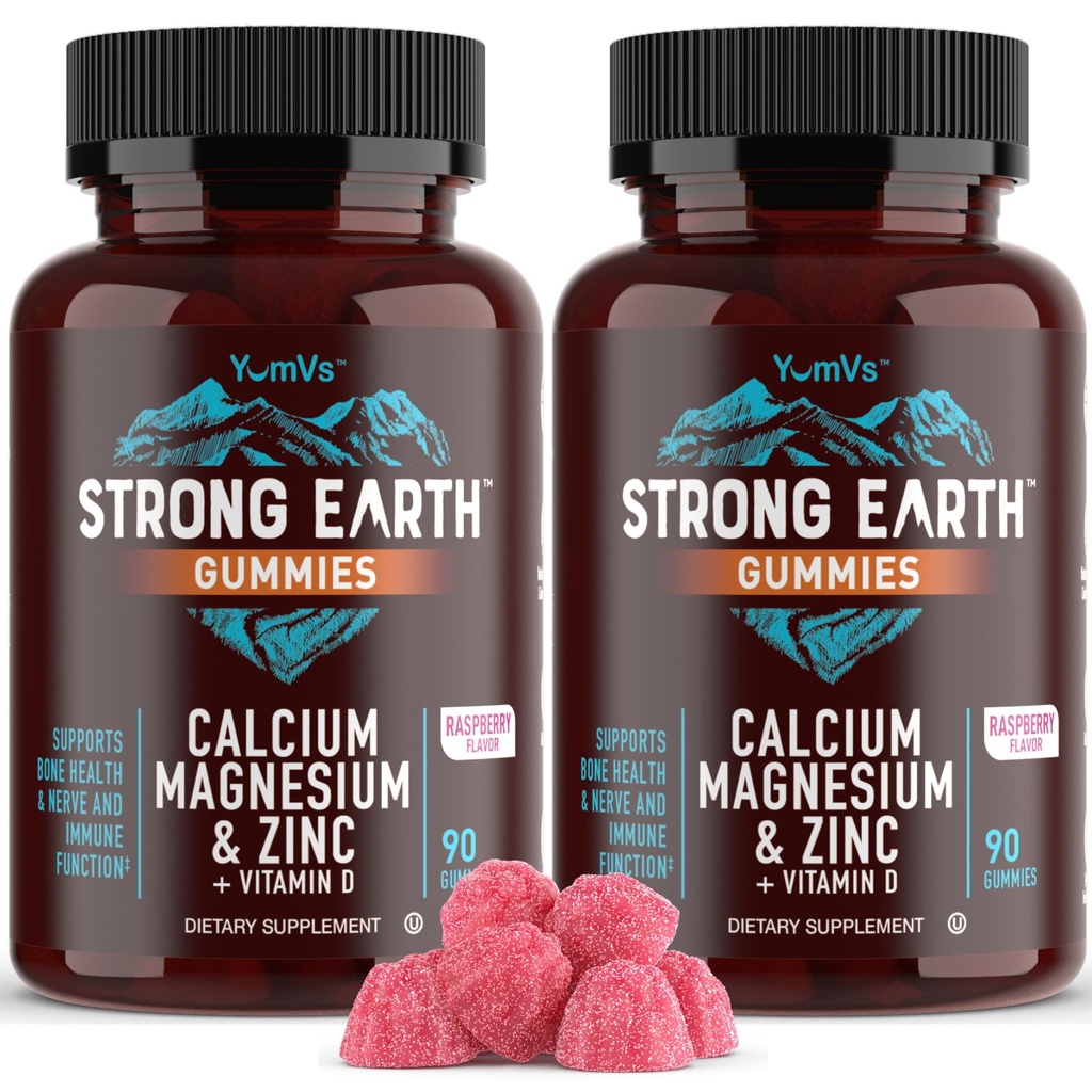 YUM-V'S Calcium, Magnésium, Zinc & Vitamine D Gummies, Cal Mag Supplément à croquer, Végétarien Kosher Gummes naturels de framboise halal pour adultes Femmes et hommes - 90 Nombre (paquet de 2)