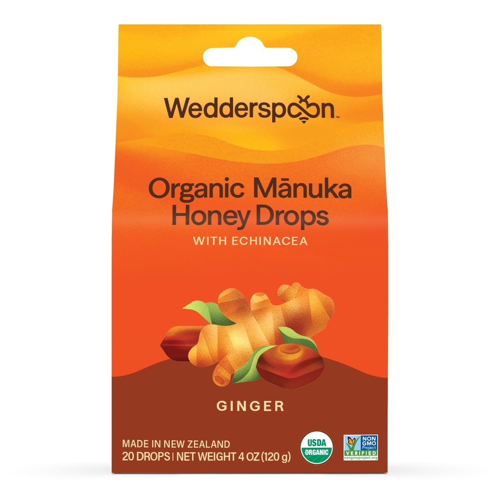 Wedderspoon Organic Manuka Honey Drops, Ginger & Echinacea, 20 Count (Pack von 1) | Echter neuseeländischer Honig | Perfekte Remedy für trockene Bedrohungen