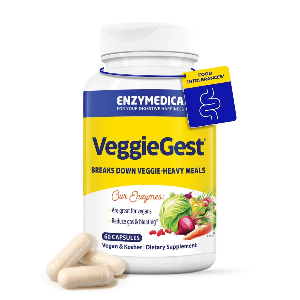 Enzymedica, VeggieGest, Enzymes digestifs, soutient le gaz occasionnel et le dégel des repas à haute fibre, pour les régimes végétaliens et végétariens, mélange d'enzyme pour la santé digestive, 60 comte