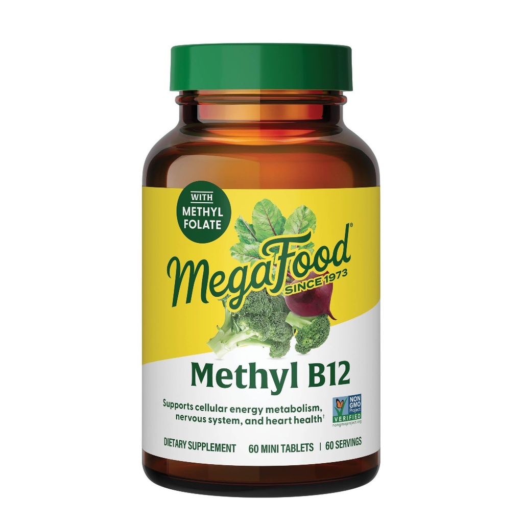 Megafood Méthyl B12 - Vegan - Comprend le folate de méthyle, la vitamine B12 et B6 - soutient la production d'énergie cellulaire, le système nerveux santé et la fonction cardiovasculaire - 60 comprimés