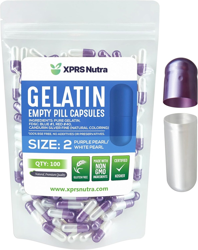 XPRS Nutra Taille 2 Capsules vides - 100 Compte Capsules de gélatine vides - Pills Bricolage Capsule Remplissage - Pure Pilule Pilule Gel Caps pour Do-It-Youlf Suppléments (Pearl Purple/White)