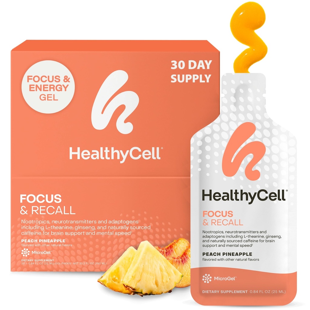 Healthycell Focus & Remue-méninges, Supplément Cerveau Liquide quotidien pour Focus & Memory - Supplément Nootropics pour Concentration et Alerte avec L-Theanine, Oméga-3 et Taurine - 30 Gel Packs