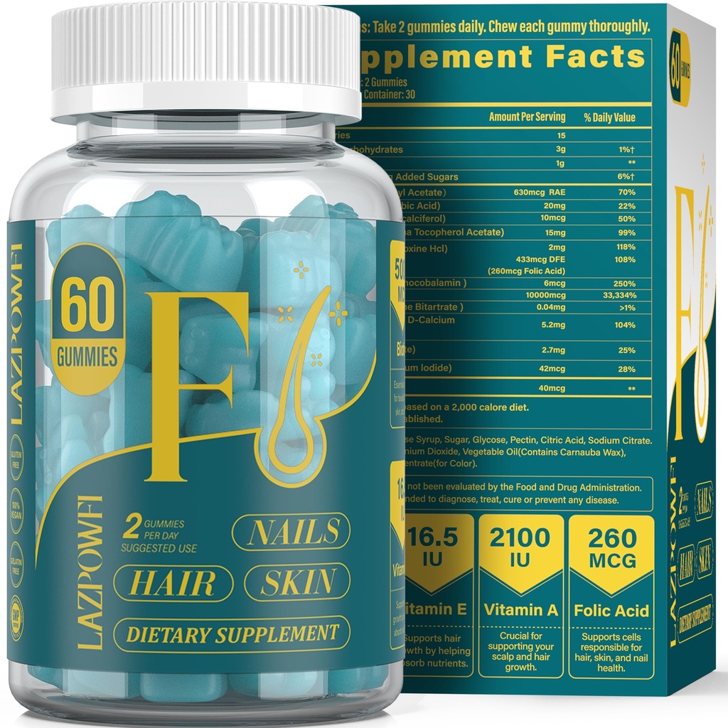 Gommies de biotine - Peau de cheveux et ongles Vitamines pour les hommes et les femmes, Vitamine végétalienne B7, soutient la croissance des cheveux et des ongles plus forts, 30 jours d'approvisionnement - Blueberry-60 compte