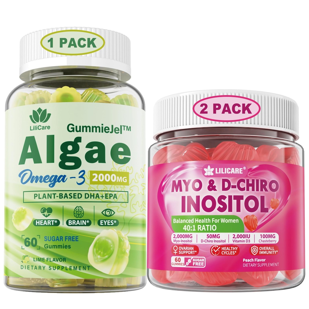 LILICARE Bundle: Vegan Omega 3 Supplement Gummie & Inositol Gummi Ideal 40:1 Ratio Myo & D-Chiro Inositol