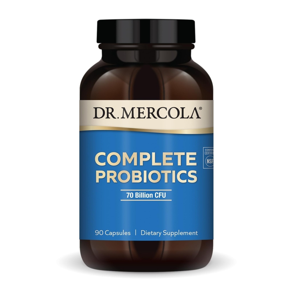 Dr Mercola Complete Probiotics - 70 milliards CFU - Soutient la santé immunitaire, digestive et gustative - Caractéristiques 10 souches - Étagère stable - sans OGM, sans gluten et sans soja - 90 capsules (90 portions)