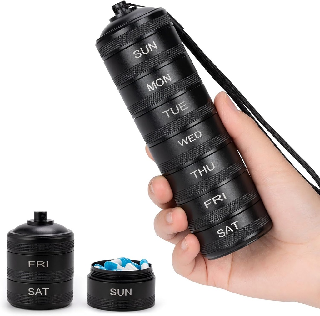 Pill Organizer Weekly Metal Reise Pille Box Wasserdicht - 7 Tage große Aluminiumlegierung Pille Container, Tragbare tägliche Pille Fall für Vitamin, Medizin, Supplement, Fischöl