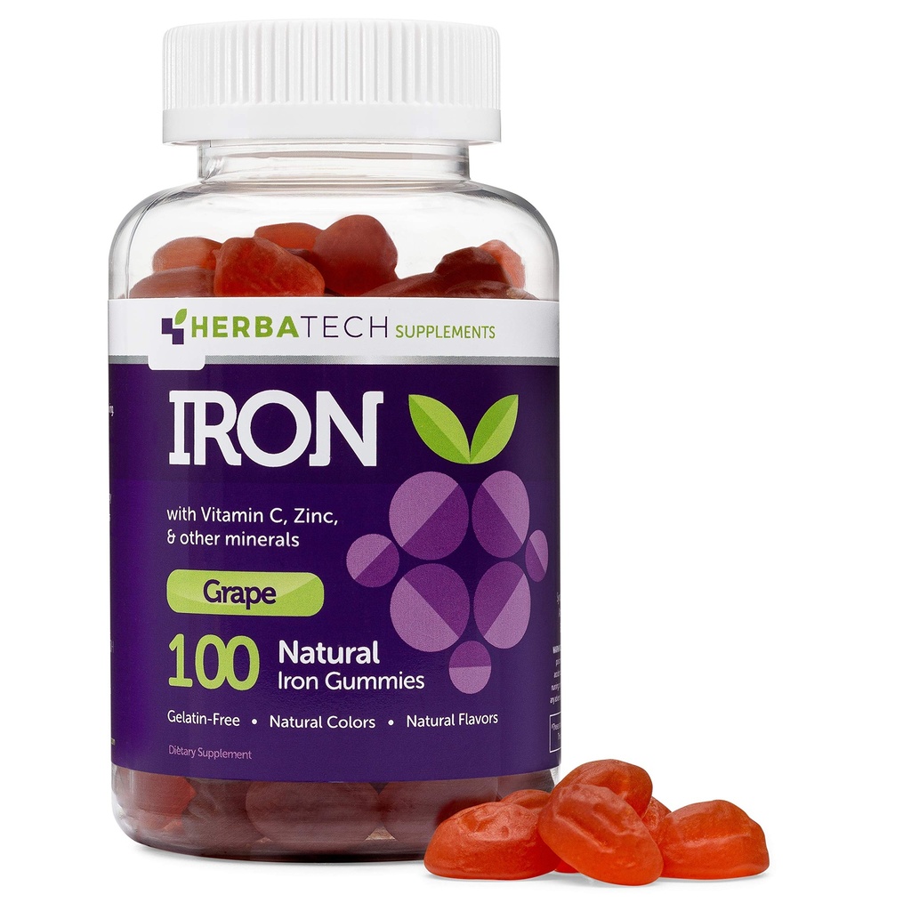 Gommies de fer pour adultes et enfants, supplément de multivitamine à croquer avec fer, vitamine C, A, B, zinc, acide folique et biotine (grape aromatisé) Vegan Safe, fabriqué aux États-Unis à partir d'HERBATECH