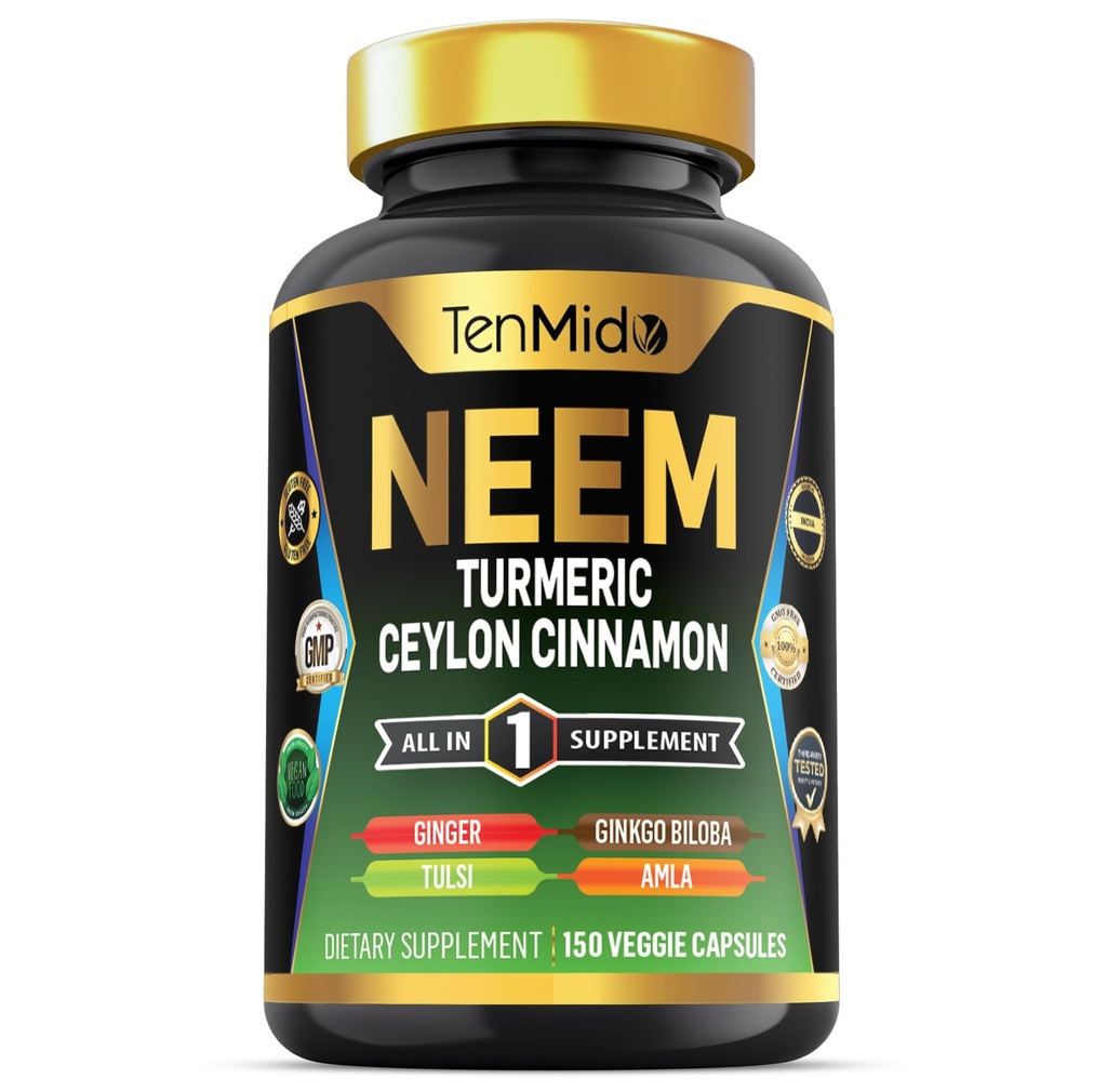 Neem Leaf Supplement - 8in1 Formel - Kombinieren Sie mit Kurkuma, Ceylon Cinnamon, Ginger, Tulsi, Ginkgo Biloba, Amla, und Black Pepper - Immune Health Support - 150 Vegan Kapseln