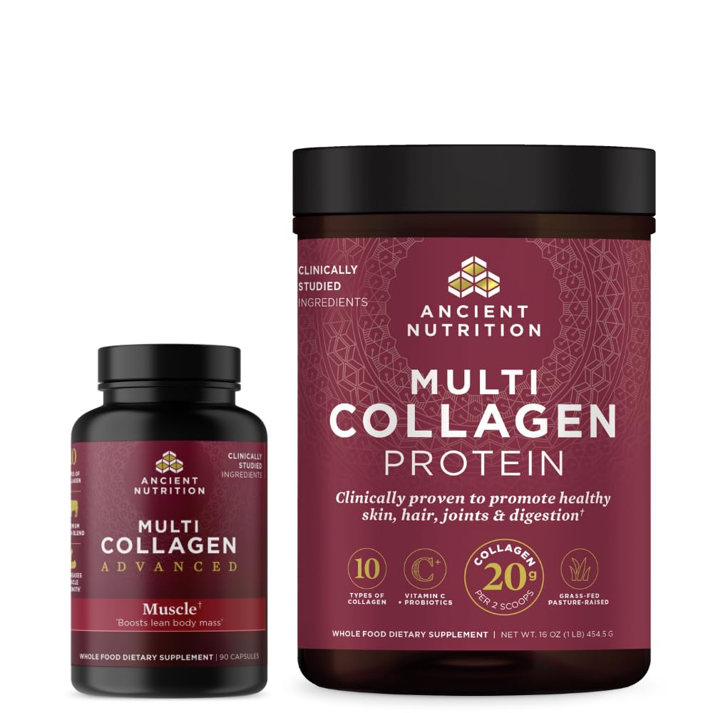 Antike Ernährung Multi Collagen Advanced Capsules, Muskel, 90 Count + Multi Collagen Protein Powder, Unflavored, 45 Servierungen