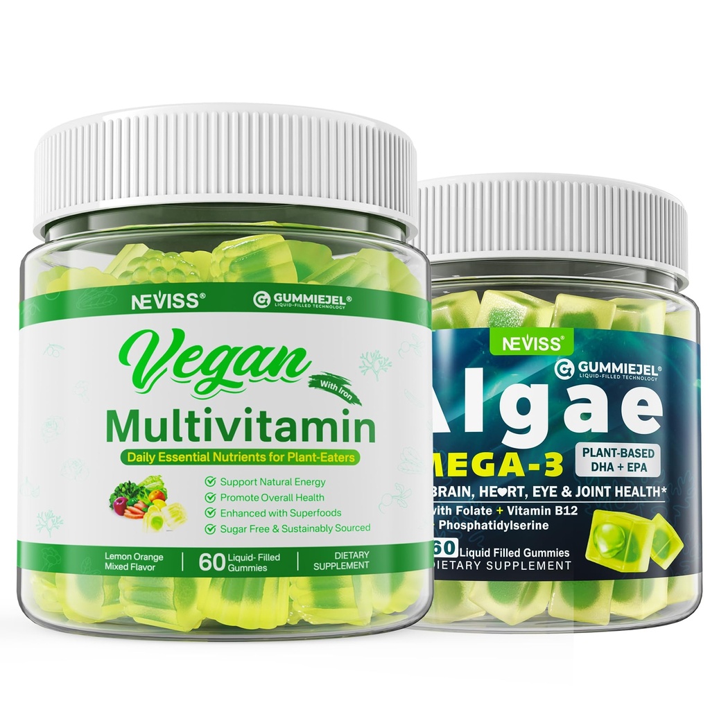 Vegan Omega 3 Gummie 1000mg mit Vegan Multivitamin für Frauen Männer mit Eisen, Vitamin B12, A, D3, K2, Algae Omega 3, Magnesium, Zink