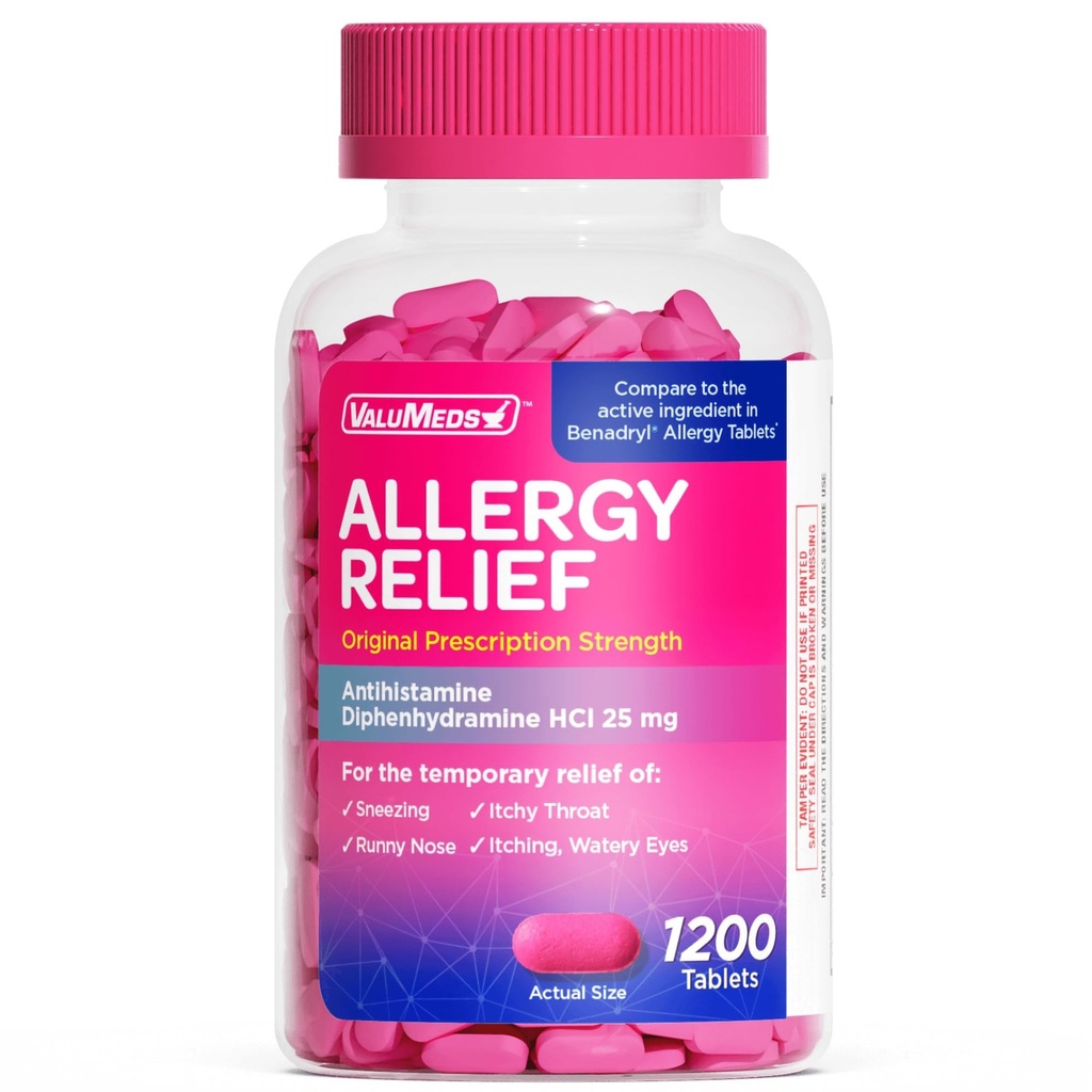 ValuMeds Allergy Medicine Antihistamin, Diphenhydramin HCl 25 mg | Kinder und Erwachsene | Relieve Itchy Eyes, Runny Nose, Sneezing (25 mg, 600)