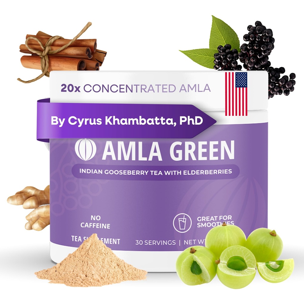 Amla Powder & Immunity Blend Superfood Supplément avec Elderberry, 20x Ultra Concentré Amla, Immune Support, Fabriqué avec Ginger, cannelle, menthe poivrée, fraises indiennes, immunité, 30 portions