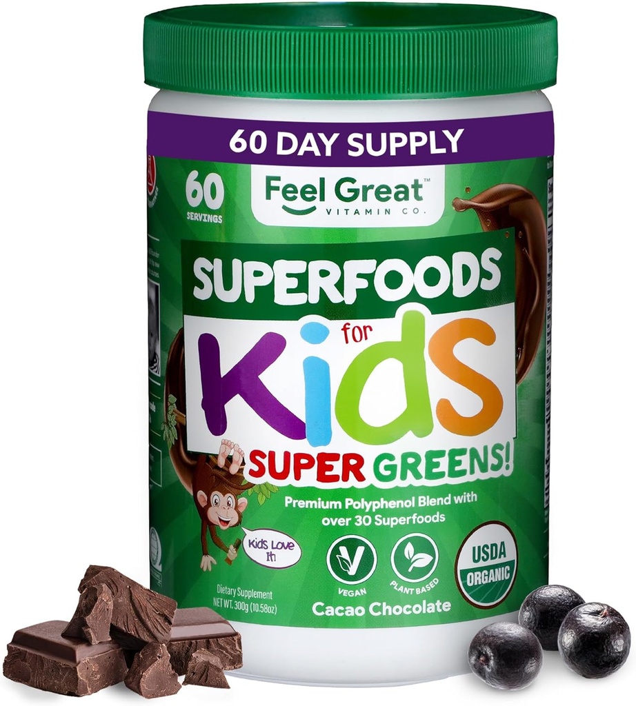 Feel Great USDA Organic Super Greens Powder for Kids - Cocao Chocolate | Fruit & Veggie Supplement | Superfood Powder with Probiotics & Digestive Enzymes for Digestive Health | 60 Days Supply
