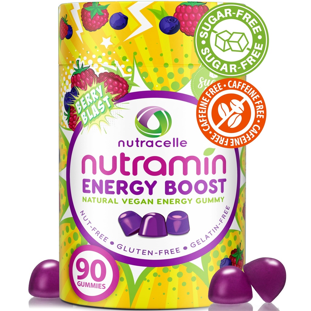 NUTRAMIN Energy Boost Vitamine Gummy - Sauter le café et stimuler votre énergie, sans caféine, sans sucre, végétalien, B12, thé vert, Ashwagandha, Garcinia Cambogia, Adaptogène aux framboises - 90 ct