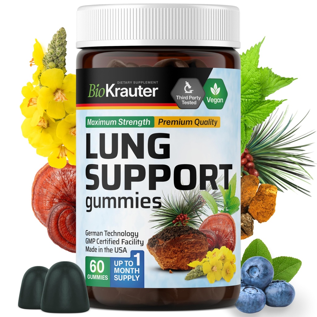 BIO KRAUTER Lung Detox Gummies - 60 Vegan Chews - Lung Cleanse Supplement w/Vitamin C & Mullein Leaf Blend - Respiratorische Unterstützung