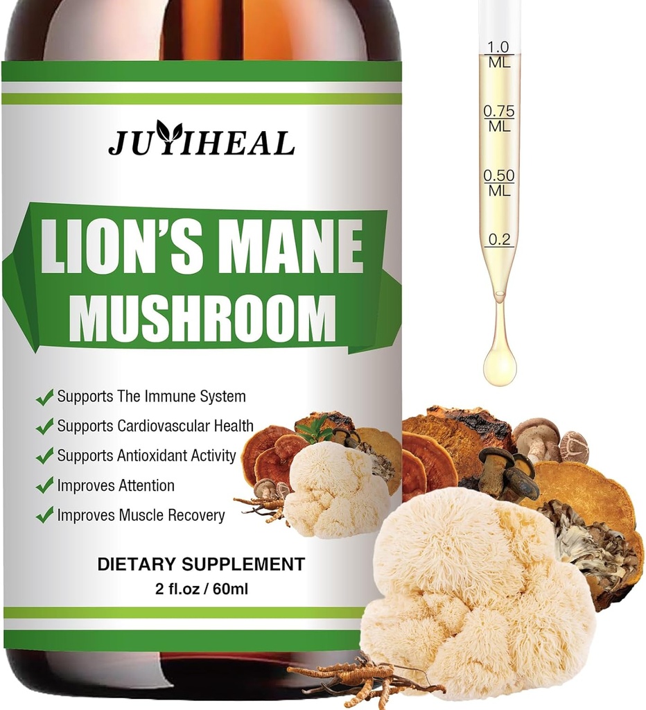 Lions Mane Liquide - Soutien du cerveau, énergie, mémoire et focus - Supplément Lions sans sucre et sans alcool - 2 Fl OZ, 2 mois d'approvisionnement