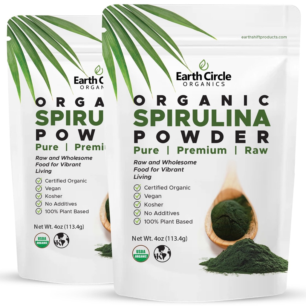 Earth Circle Organics Spirulina Powder, Kosher, Raw and Non-Irradiated | Pure Vegan Protein | Premium Superfood, High in Aminosäuren und Antioxidantien - 4 Unze (2 Packungen)