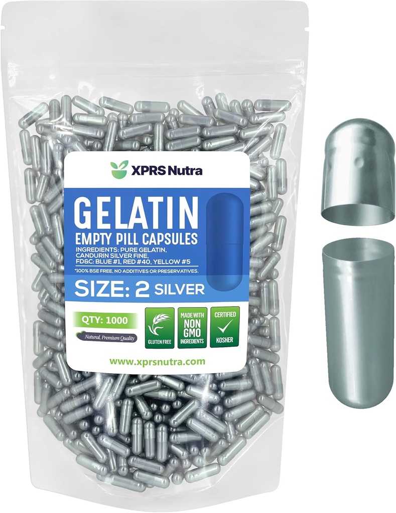 XPRS Nutra Size 2 Empty Capsules - 1000 Count Empty Gelatin Capsules - Pills DIY Capsule Filling - Pure Bovine Pill Gel Caps for Do-It-Yourself Supplements (Silver)