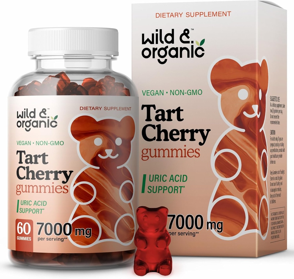 Wild & Organic Tart Cherry Gummi 7000 mg - Tart Cherry Extract Supplement für Uric Level Support - 60 Vegan, Non-GMO Chews