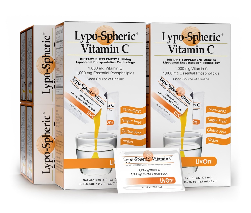 LivOn Laboratories Lypo–Spheric Vitamin C – 6 Kartons (180 Packungen) – 1.000 mg Vitamin C & 1.000 mg Essential Phospholipide pro Packung – Liposomen zur verbesserten Absorption – 100% Non-GMO