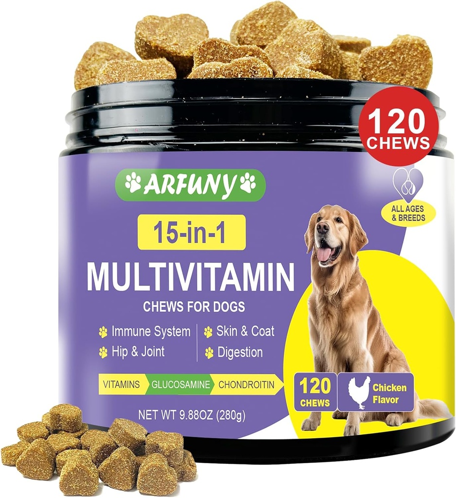 15 in 1 Hunde-Multivitamin-Ergänzung - Hunde-Vitamine für Immunsystem, Verdauung, Hip & Joint, Haut & Coat - mit essentiellen Vitaminen, Glucosamin & Chondroitin - Chicken Flavor, 120 Chews