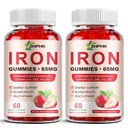 Supplément de fer Gommies pour les femmes, les hommes et les enfants, 65mg Fer et 250mg Vitamine C par portion - Sang en santé, énergie et crème de soutien Gommy vitamine de fer avec folate, 2 Pack