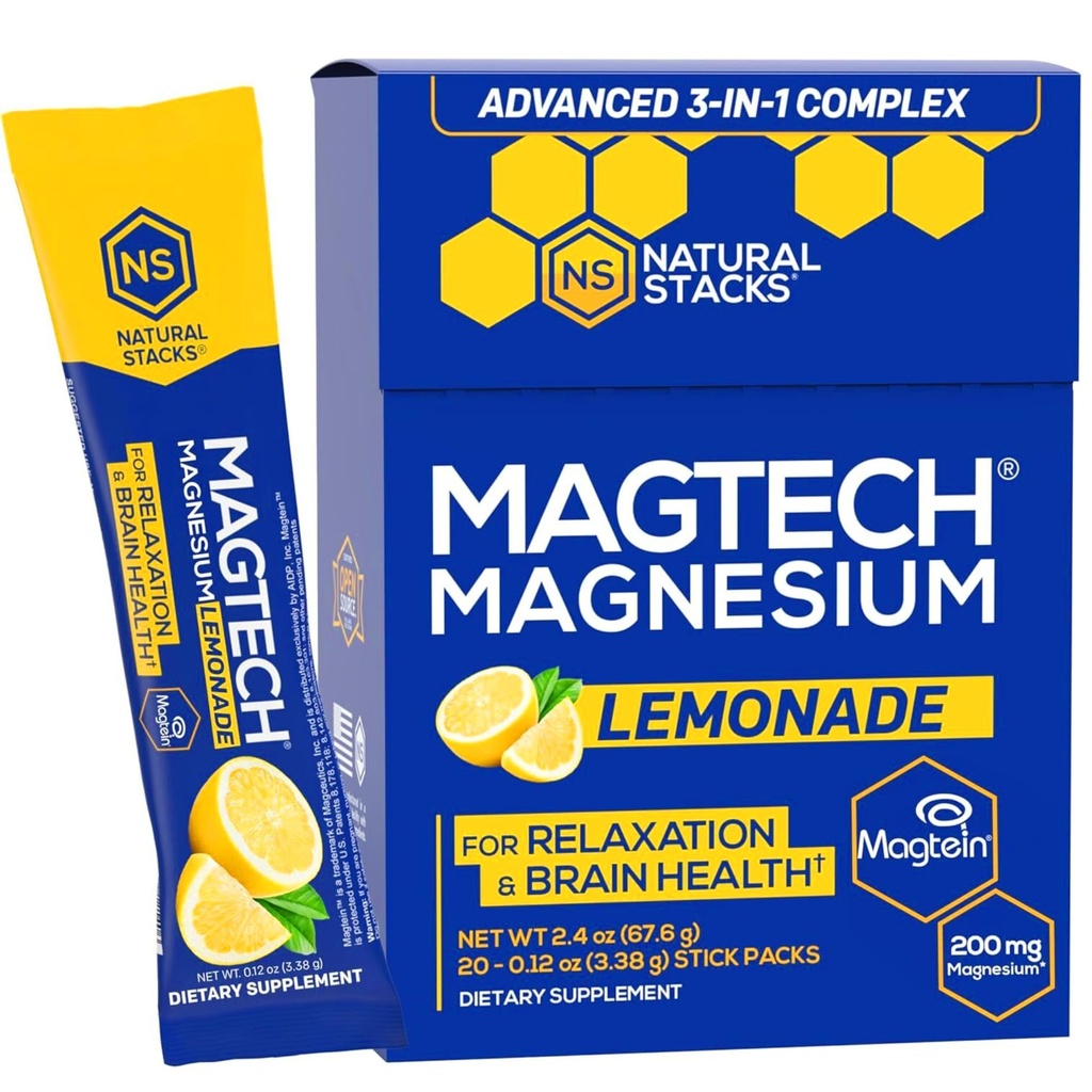 MagTech Magnesium Drink Mix - Sugar Free Lemonade - 3 Formen von Magnesium: Magtein L-Threonate, Glycinate & Taurate - 200mg Chelat Magnesium Complex - Unterstützt Entspannung & Gehirngesundheit - 20 Portionen