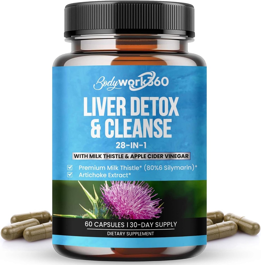 Leber Detox & Cleanse - 28-in-1 Leberreparatur & Support-Ergänzung für Männer & Frauen mit Milchdistel, Apfelessig, Dandelion Root Extract & Artichoke Extract - Non-GMO, 60 Kapseln