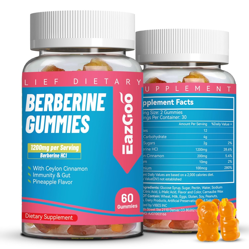 Berberine Gummies mit Ceylon Cinnamon,1200mg Berberine HCI Ergänzung für Metabolismus und Energieunterstützung, Vegan, Non-GMO und Gelatin-Free - 60 Zähler