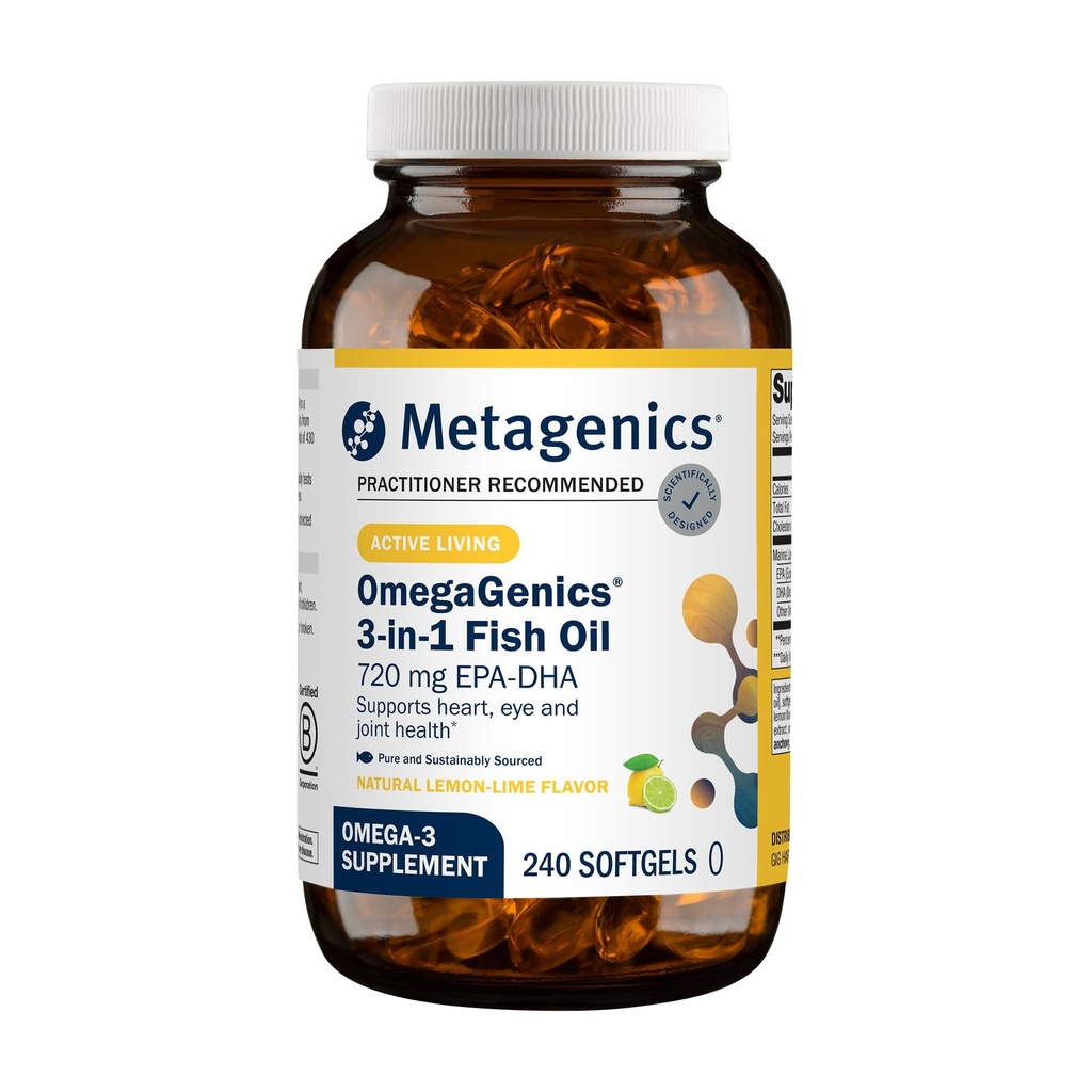 Métagène OmegaGenics Fish Oil EPA-DHA 720 mg - Supplément Omega-3 Fish Oil - High Potency - pour la santé cardiaque, l'appareil locomoteur et le système immunitaire Santé* - avec DHA et EPA - 240 Softgels