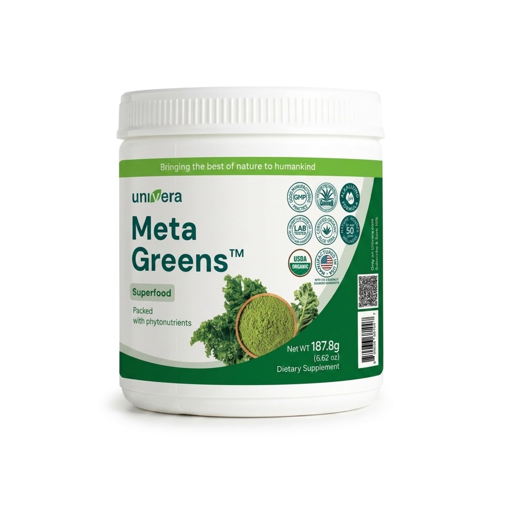 Métagres Univera, poudre de mélange de superaliments verts, mélange de smoothie avec spiruline biologique, antioxydants vitaux, alcalinisation, désintoxication, végétalien, non-OGM, approvisionnement de 30 jours.