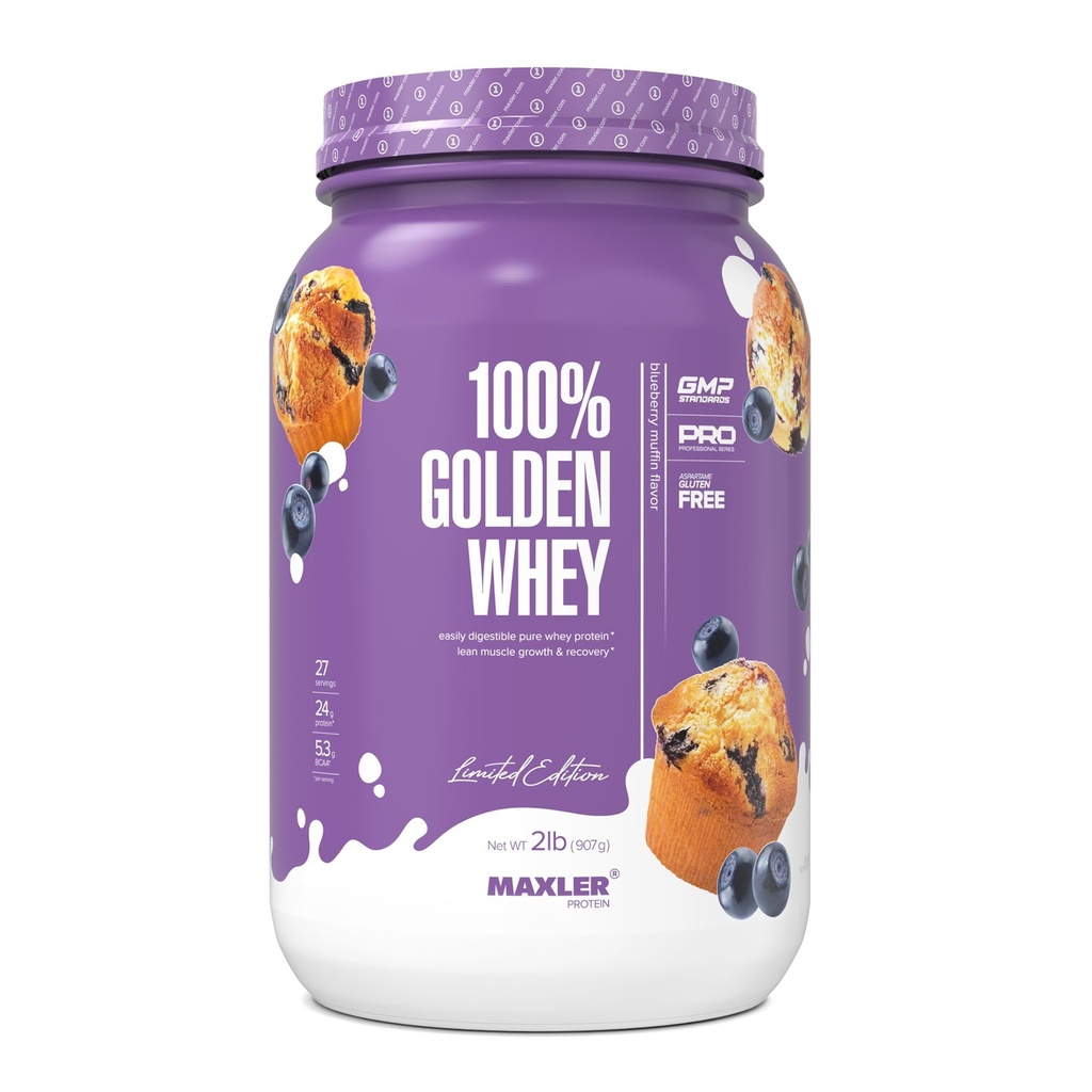 Maxler 100% Golden Whey Protein - 24g Protein per Servieren - Premium Whey Protein Powder for Pre Post Workout - Schnell absorbierende Whey Konzentrat, Isolate & Hydrolysate Blend - Blueberry Muffin 2 lb