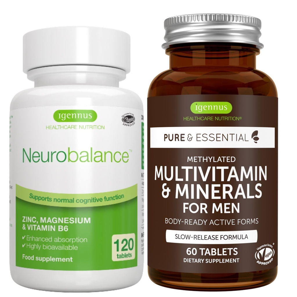 Neurobalance + Multivitamine & Minéraux pour hommes Ensemble végétalien, Zinc à haute absorption, supplément Magnésium et B6 + Multivitamine à libération prolongée par Igennus