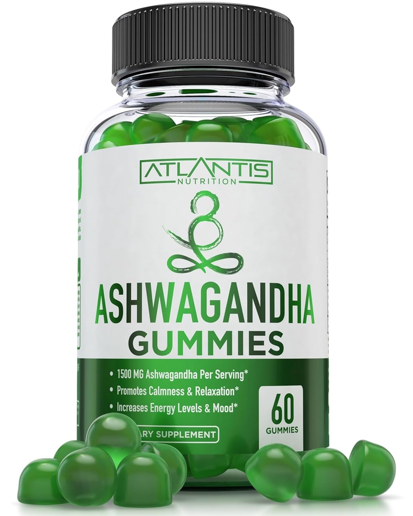 Atlantis Nutrition Ashwagandha Gummies - 1500 MG par service - favorise le calme, améliore l'humeur, stimule les niveaux d'énergie et renforce le système immunitaire - formulé avec vitamine D et zinc - Vegan