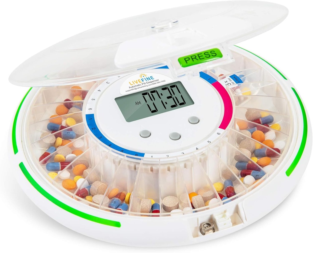 Live Fine Automatic Pill Dispenser mit 28-Day Electronic Medication Organizer, 6 Dosage Templates, Easy-Read LCD Display, Sound &amp; Light Alerts & Key für Rezepte, Vitamine, Ergänzungen &amp; Mehr
