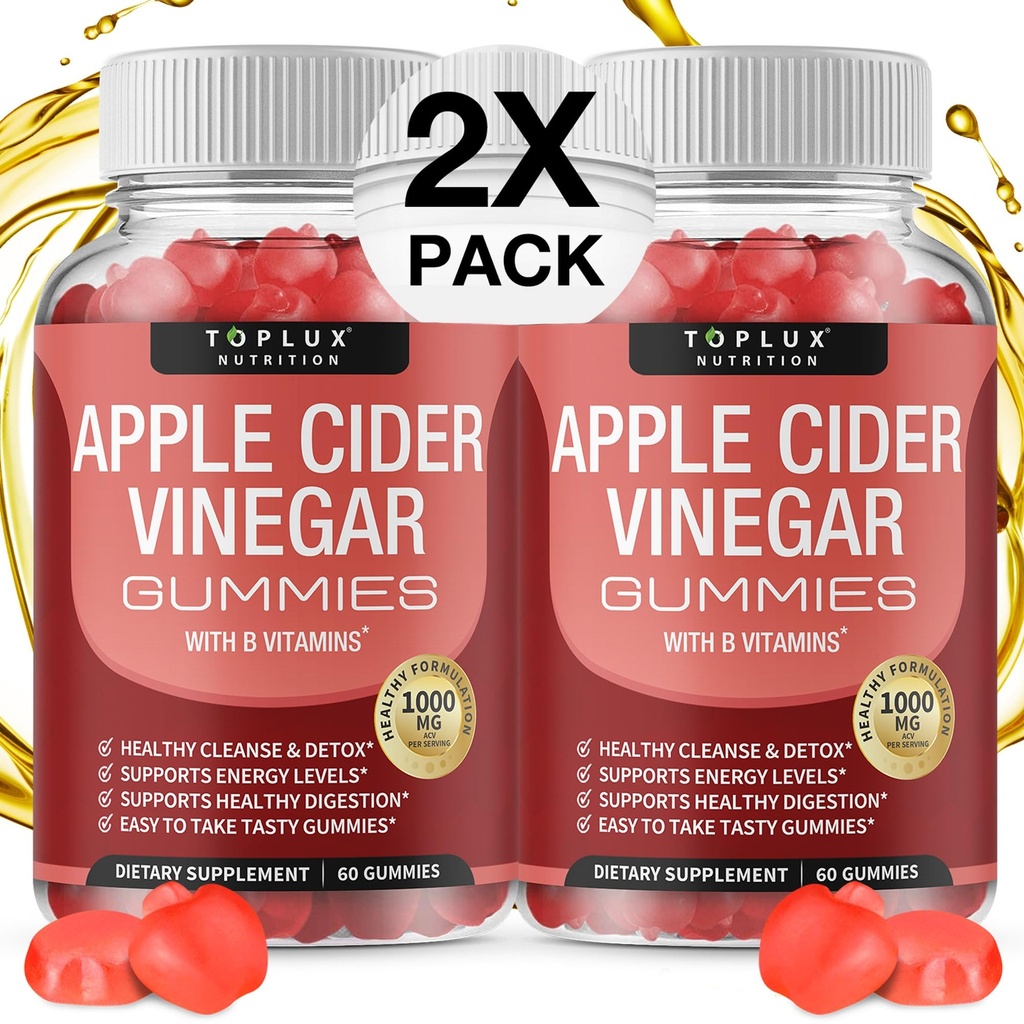 Toplux Apple Cider Essiggummis - 1000mg ACV mit B12, Beet Root, Granatapfel für Immunsystem, Detox & Cleanse, Gummy Alternative zu Apple Cider Essig Kapseln, für Herren Frauen 2X Pack