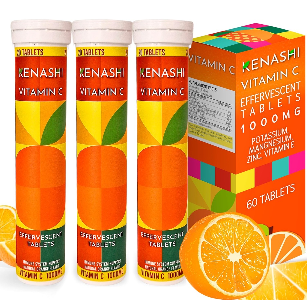 Vitamine C Comprimés effervescents 1000mg avec Magnésium Zinc Vitamine E & Potassium Vitamine C Efervescente 60 Tableaux 3 Pack Vitamine C