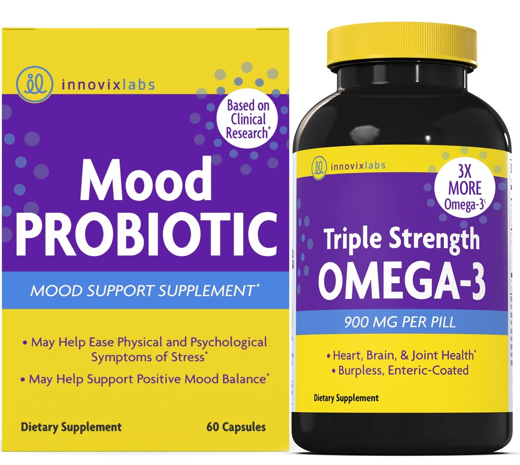 InnovixLabs Mood Probiotic & Triple Omega Bundle Mood Probiotic (60 capsules) Triple Strength Omega-3 Fish Oil (200 Softgel). Soutient le cerveau, les articulations et la santé immunitaire*