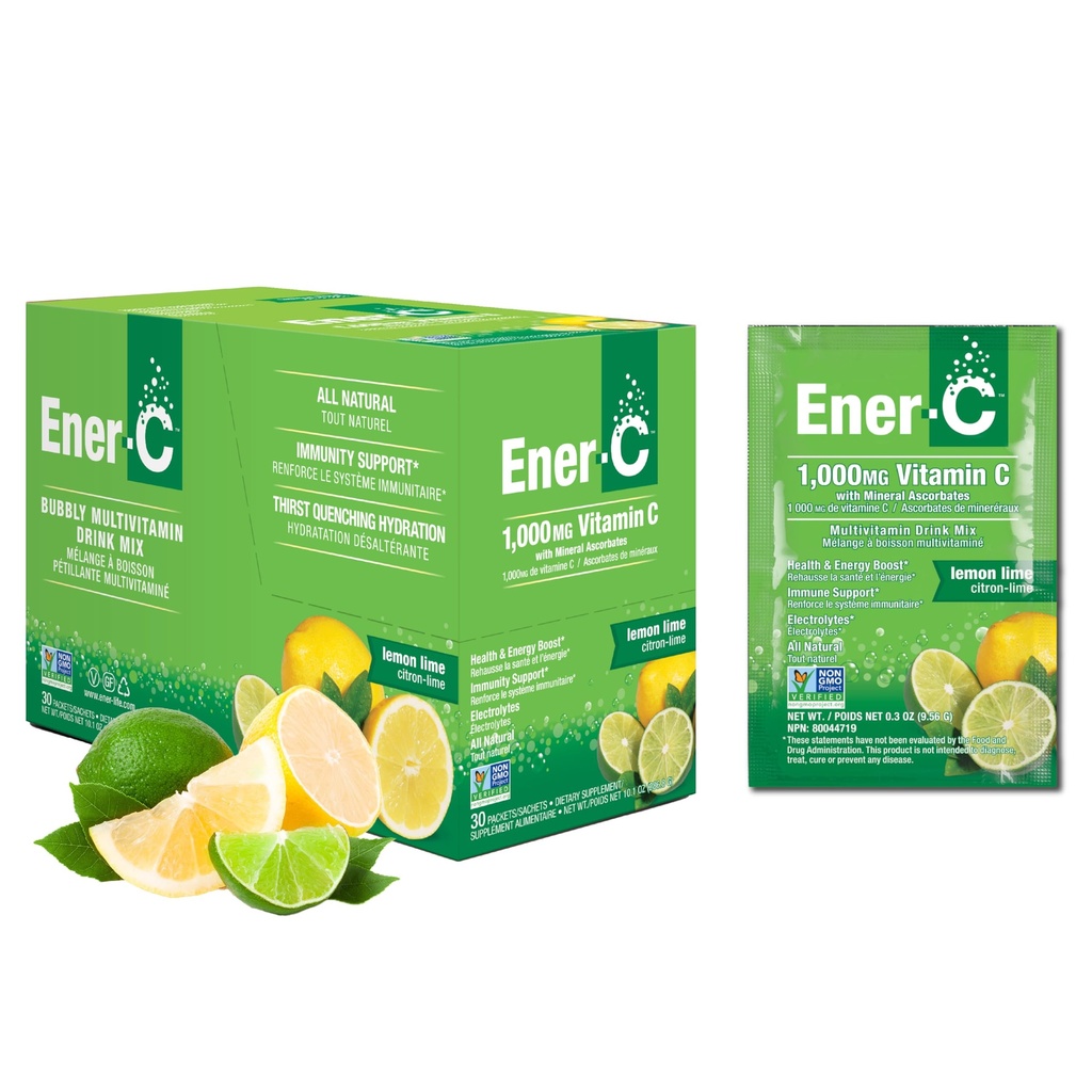 Mélange de boissons multivitamines Ener-C - Packs de vitamines pour l'eau, Packs de poudres d'électrolytes, Mélange de boissons vitaminiques, Mélange liquide d'hydratation, Booster immunitaire pour les adultes, Énergie saine - Citron Lime, 30 Compte