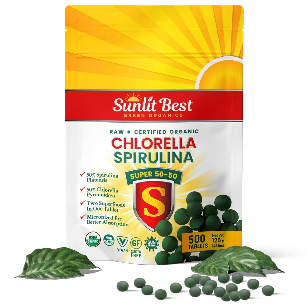 Sunlit Super 50/50 Comprimés de spiruline de Chlorelle biologique - Super supplément pour le soutien immunitaire, la santé de Gut, l'humeur et l'énergie - Riche en chlorophylle, acides aminés et protéines végétales, 500 Superfood Tabs
