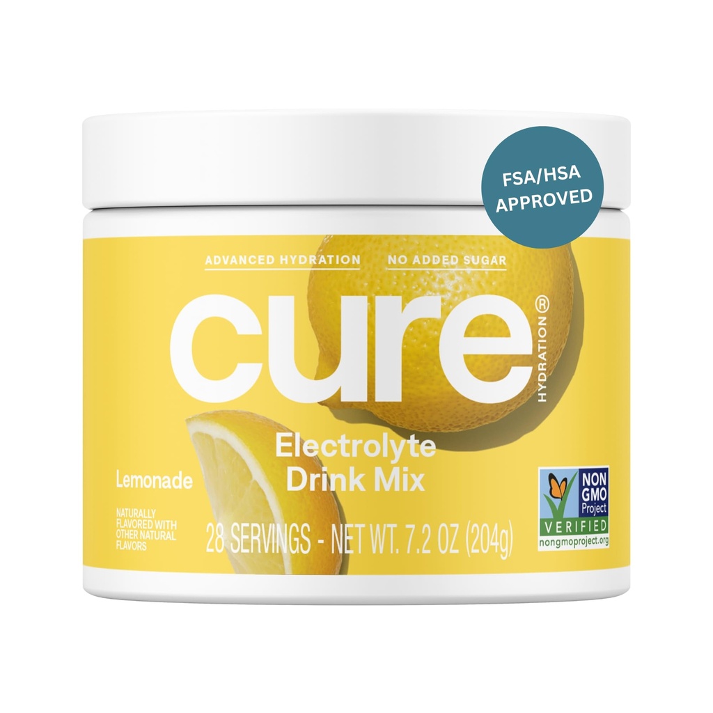Cure Hydration | Pflanzenbasierte Elektrolyt-Getränk-Mix | Kein hinzugefügter Zucker | FSA-HSA | Dehydration Relief Pulver mit Kokosnusswasser hergestellt | Non-GMO | Vegan | 28 Servierungen Jar - Lemonade