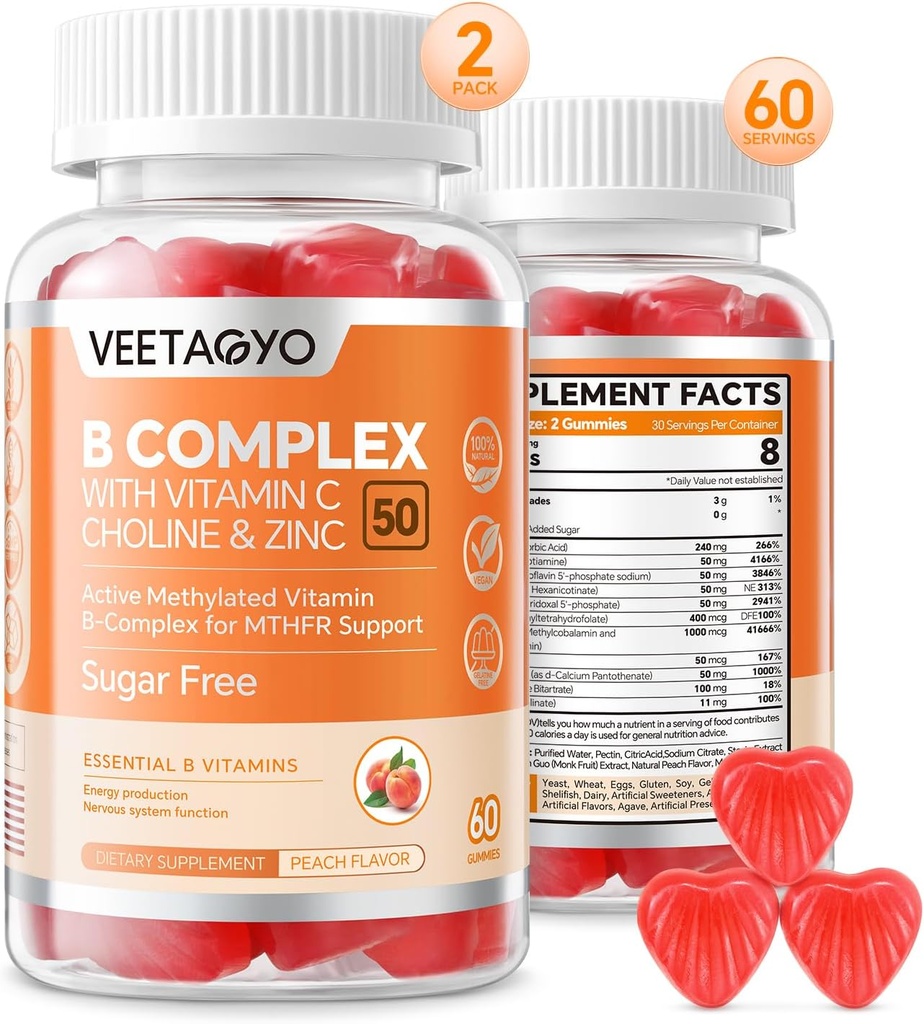 B Complex 50 Gummies ,Methylierter B-Komplex mit Vitamin C,Choline & Zink - Aktiver methylierter B-Komplex für Energie, Methylierter Träger - Alle B Vitamine - B1,B2,B3,B5,B6,B7,B9,B12 - Zuckerfrei,120 Zähler