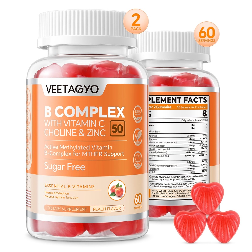 B Complexe 50 Gummies ,Complexe B méthylé avec vitamine C, Choline et zinc - Complexe B méthylé actif pour l'énergie, Support méthylé - Toutes les vitamines B - B1,B2,B3,B5,B6,B7,B9,B12 - Sans sucre,120 Compte