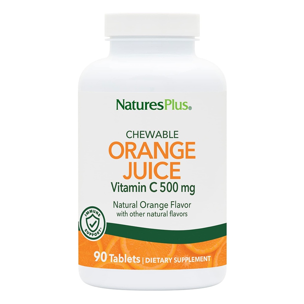 Natures Plus Orangensaft Kaubares Vitamin C - 500 mg, 90 Tabletten - Hohe Potenz Immun- und Gefäßgesundheitsunterstützungsergänzung, Antioxidans - Gentle On Stomach - Vegetarisch, Glutenfrei - 90 Servierungen