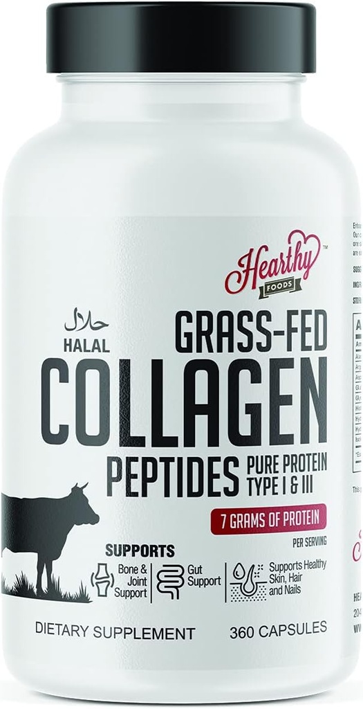 HEARTHY FOODS Collagen Pillen Supplement (Typ I, III), 360 Collagen Capsules Gesundes Haar, Haut, Nägel, Gelenke - Dairy und Gluten freie Collagen Supplement - 7 Grams Protein Pro Servieren