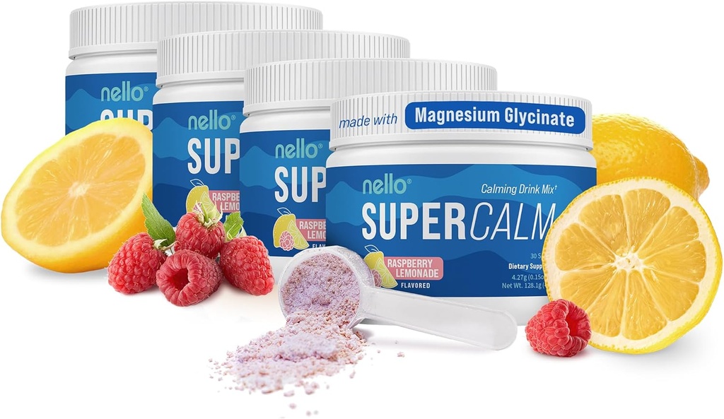 Mélange de boissons Nello Supercalm - Ashwagandha KSM 66, Glycinate de magnésium, L-Theanine, vitamine D3 - Extrait de racine Ashwagandha, supplément de magnésium et L-Theanine - 30 portions - 4 paquets