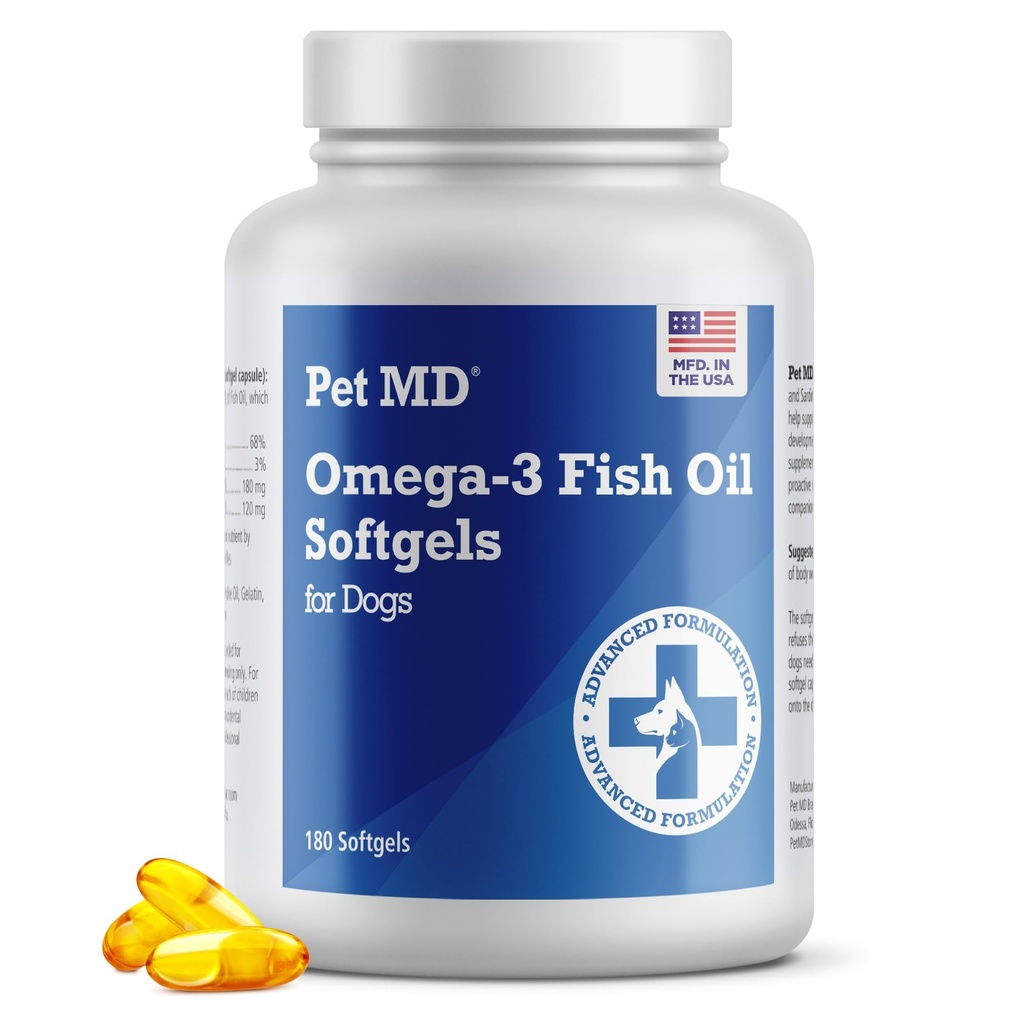 Pet MD – Supplément à l'huile de poisson Omega 3 pour chiens – Support de peau et de manteau pour chiens – 180 Softgels