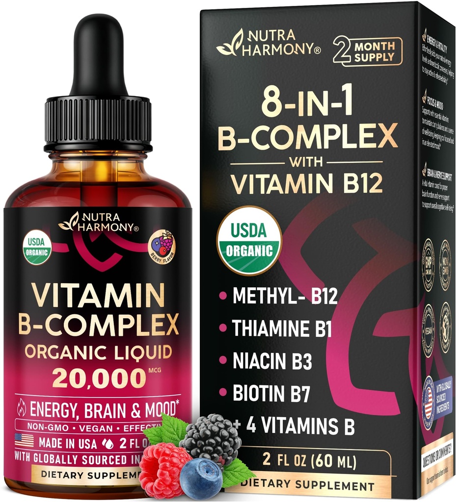 USDA Bio Vitamin B-Komplex B5 Pantothensäure | B12 Methylcobalamin | B1 Thiamin | B6 Pyridoxin | B7 Biotin | B9 Folic | B3 Niacinamid - B Complex Liquid Drops, Made in USA Supplement, 2fl oz