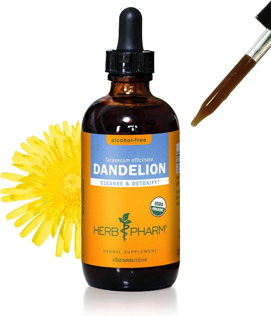 Herb Pharm Certified Organic Dandelion Liquid Extract for Cleansing and Detoxification, Alcohol-Free Glycerite, 4 Ounce