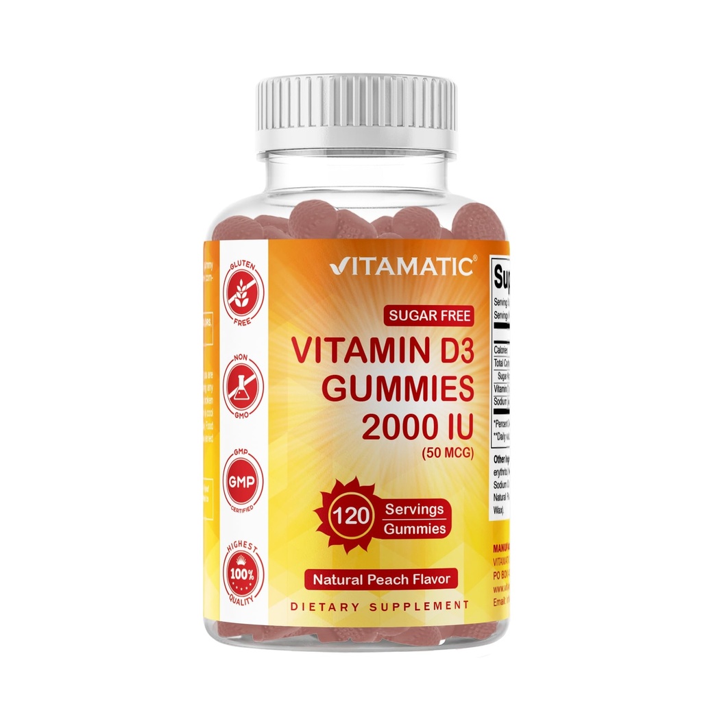 Vitamine sans sucre Vitamine D3 2000 UI - 120 Gommies à base de pectine - Grand goût - Bons sains, l'humeur et le système immunitaire Fonction - Non-OGM - 120 portions